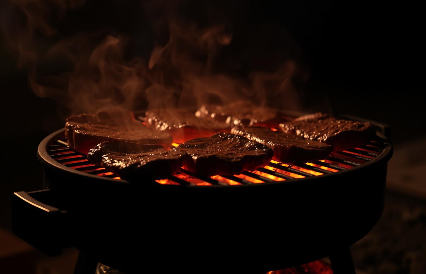 Steaks searing over glowing coals