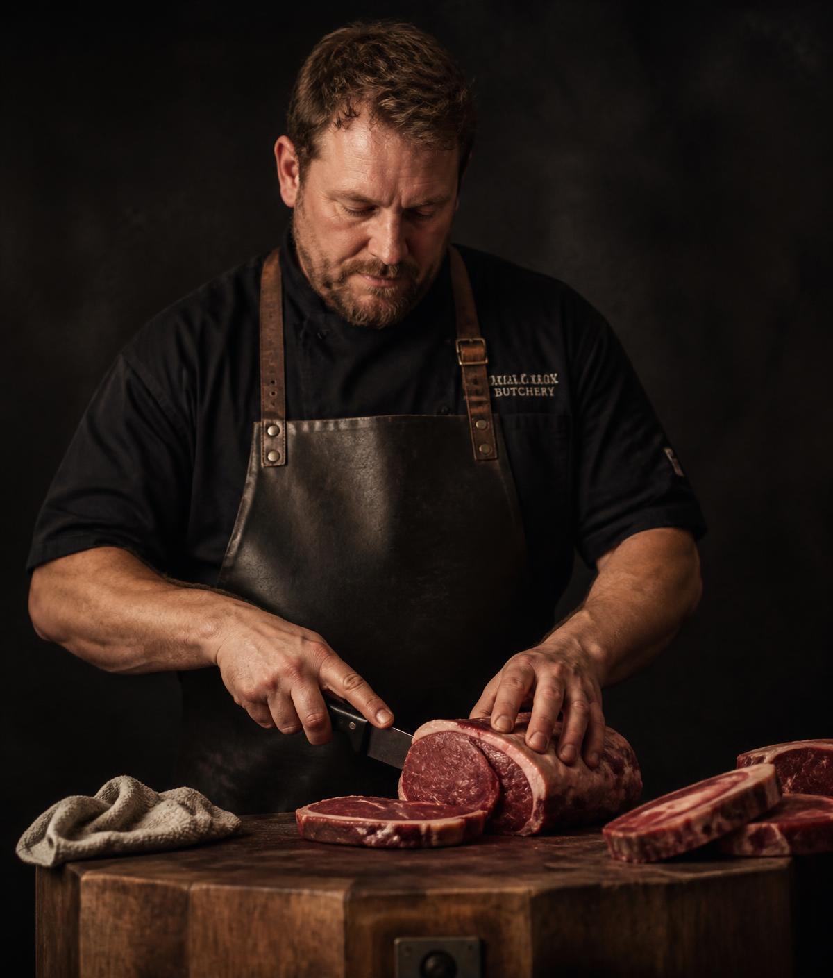Third-generation butcher slicing beef at the block